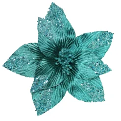 Online Christmas Forever POINSETTIA HEAD BLUE/PEACOCK 11.5″ W/ GLTR & CLIP