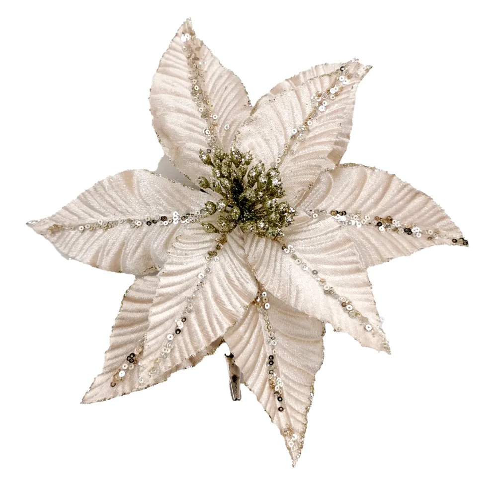 Best Christmas Forever POINSETTIA HEAD CHAMPAGNE 5″ VELVET W/ CH. GLITTER & CLIP
