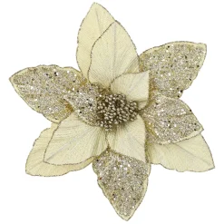 Discount Christmas Forever POINSETTIA HEAD CHAMPAGNE 11.5″ GLITTER METALLIC W/ CLIP