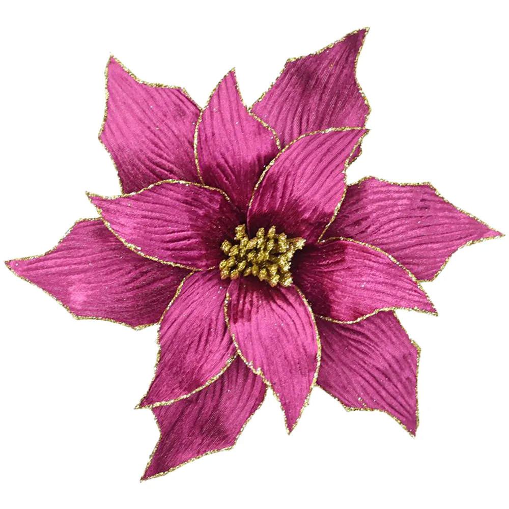 Online Christmas Forever POINSETTIA HEAD FUCHSIA/ MAGENTA 12″ VELVET W/ CH GLITTER EDGE & CLIP