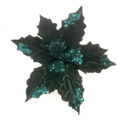 Online Christmas Forever POINSETTIA HEAD GREEN EMERALD 5″ VELVET W/ SEQUIN & CLIP