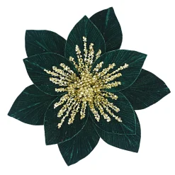 Online Christmas Forever POINSETTIA HEAD GREEN EMERALD 11.5″ VELVET W/GOLD SEQUINS W/ CLIP