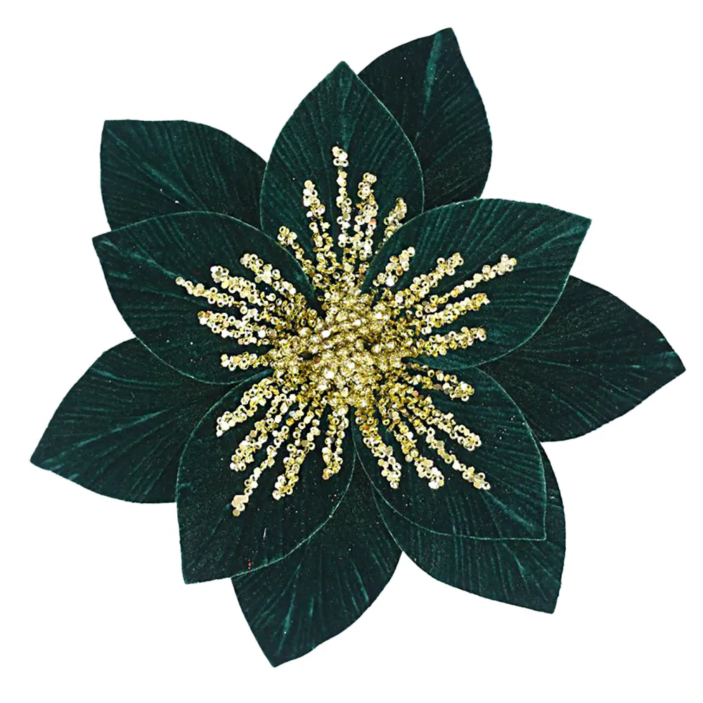 Online Christmas Forever POINSETTIA HEAD GREEN EMERALD 11.5″ VELVET W/GOLD SEQUINS W/ CLIP