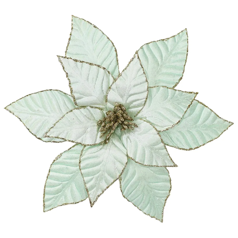 Sale Christmas Forever POINSETTIA HEAD GREEN MINT 12″ VELVET W/ CH GLITTER & CLIP