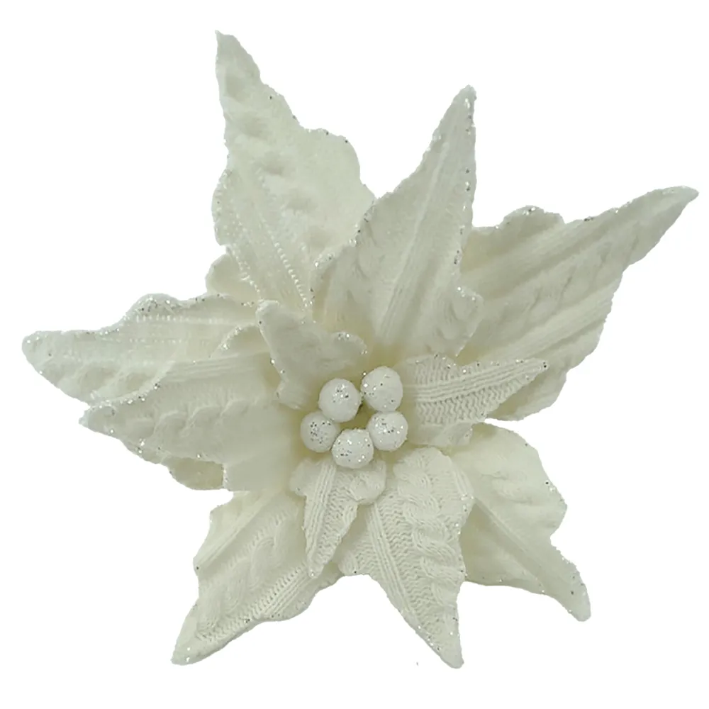 Clearance Christmas Forever POINSETTIA HEAD IVORY 7.5″ KNITTED FABRIC W/CLIP