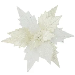 Online Christmas Forever POINSETTIA HEAD IVORY /WHITE 12″ VELVET GLITTER W/ CLIP