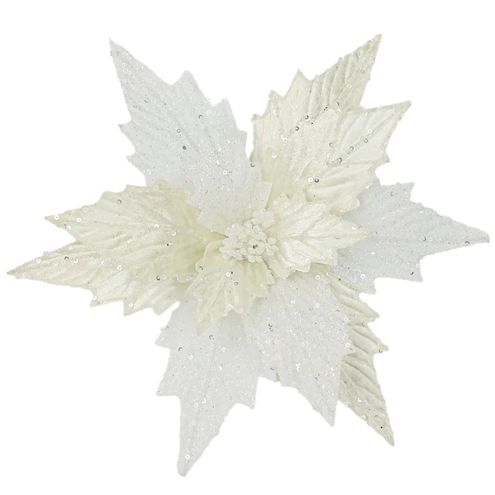 Online Christmas Forever POINSETTIA HEAD IVORY /WHITE 12″ VELVET GLITTER W/ CLIP