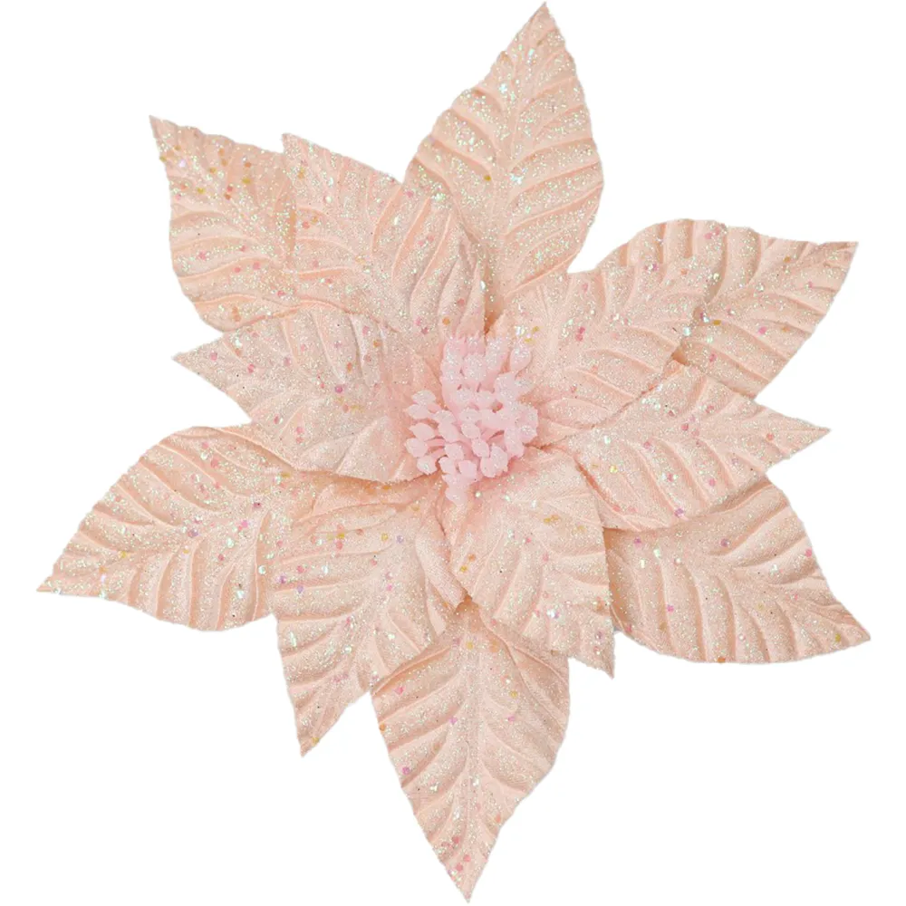 Online Christmas Forever POINSETTIA HEAD PINK IRID 12″ VELVET W/ GLITTER & CLIP