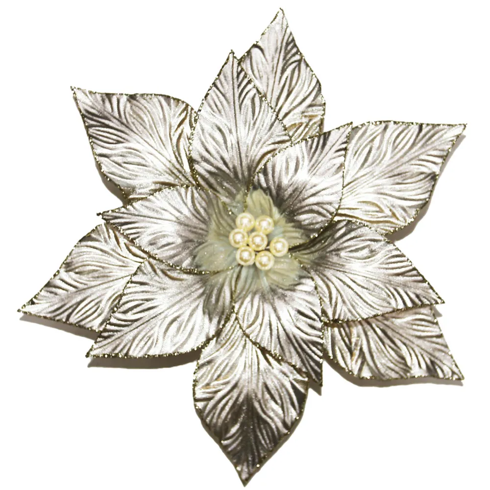 Clearance Christmas Forever POINSETTIA HEAD PLATINUM 12″ W/ WHITE POLLEN W/ CLIP