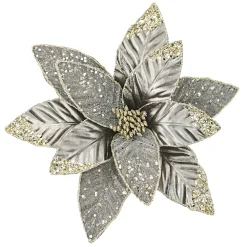 Christmas Forever POINSETTIA HEAD PLATINUM GRAY 12.5″ LEATHER CH GLITTER W/ CLIP