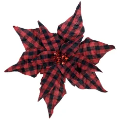 Online Christmas Forever POINSETTIA HEAD RED / BLACK 9″ PLAID W/GLITTER & CLIP