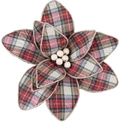 Outlet Christmas Forever POINSETTIA HEAD RED / GRN/ BEIGE 11″ PLAID W/ WOODEN BEADS & CLIP