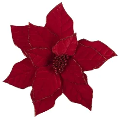 Christmas Forever POINSETTIA HEAD RED 11″ VELVET W/ GLITTER BORDER & CLIP