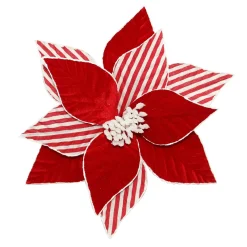 Best Christmas Forever POINSETTIA HEAD RED 11.5″ VELVET W/ CANDYCANE STIPE & CLIP