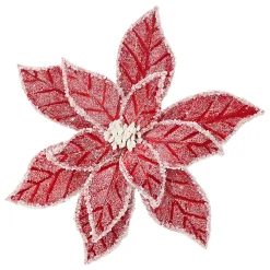 Clearance Christmas Forever POINSETTIA HEAD RED 12″ VELVET WHITE ICE EDGE AND FROSTING W/ CLIP