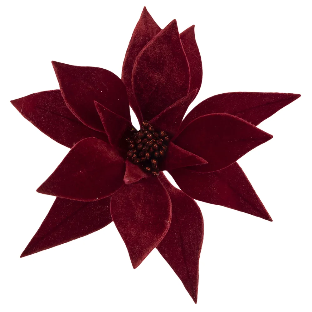 Outlet Christmas Forever POINSETTIA HEAD RED DARK 9″ VELVET W/ CLIP