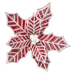 Discount Christmas Forever POINSETTIA HEAD RED/ WHITE 8″ FELT FROSTED LOOK W/ CLIP