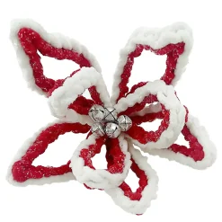 Clearance Christmas Forever POINSETTIA HEAD RED /WHITE 8.5″ HOLLOW PETALS W/ BELLS & CLIP