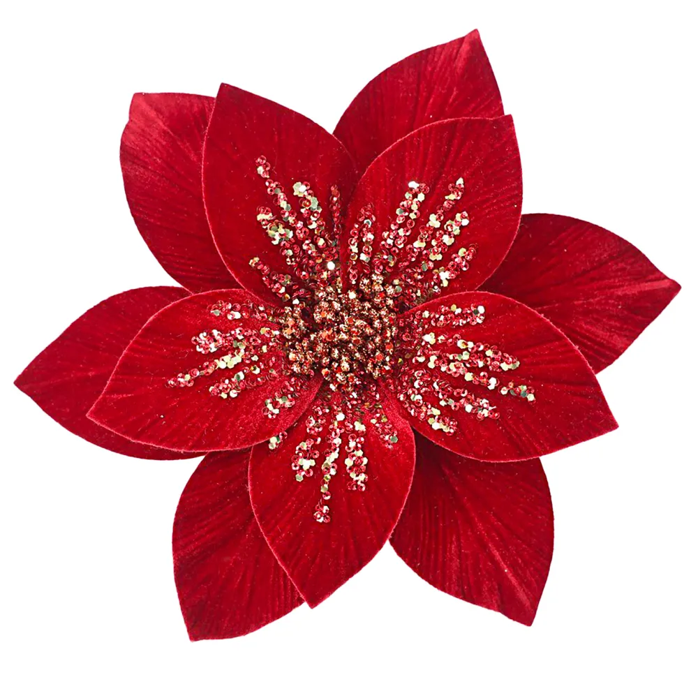 Online Christmas Forever POINSETTIA HEAD RED-DARK 11.5″ VELVET W/GOLD SEQUINS W/ CLIP