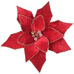 Discount Christmas Forever POINSETTIA HEAD RED-DARK 12″ VELVET W /GOLD GLITTER EDGE W/CLIP