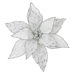 Online Christmas Forever POINSETTIA HEAD SILVER 11.5″ METALLIC ICED W/ CLIP