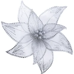 Outlet Christmas Forever POINSETTIA HEAD SILVER 11″ SHEER W/ RHINESTONE EDGE & CLIP