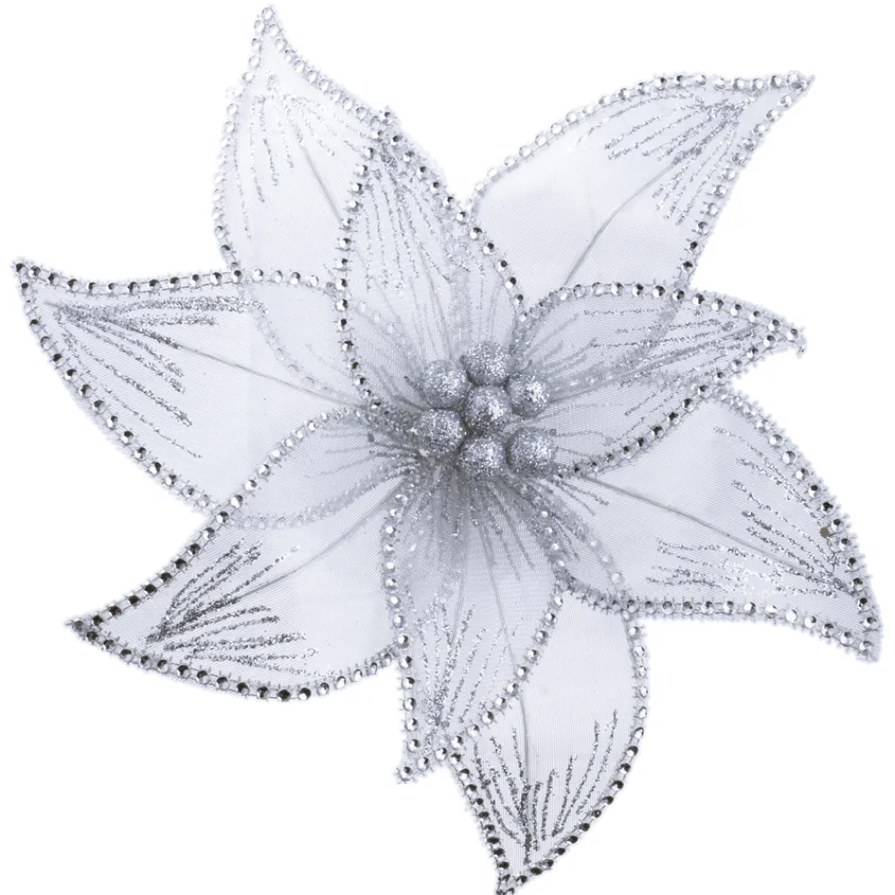 Outlet Christmas Forever POINSETTIA HEAD SILVER 11″ SHEER W/ RHINESTONE EDGE & CLIP