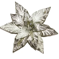 Outlet Christmas Forever POINSETTIA HEAD SILVER 12.5″ SHINY W/ GLTR W/CLIP