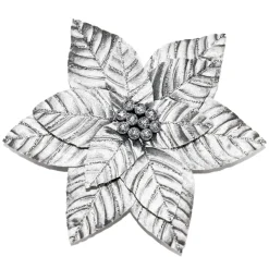 Outlet Christmas Forever POINSETTIA HEAD SILVER 13″ W/ GLITTER W/ CLIP