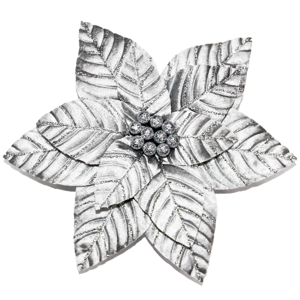 Outlet Christmas Forever POINSETTIA HEAD SILVER 13″ W/ GLITTER W/ CLIP