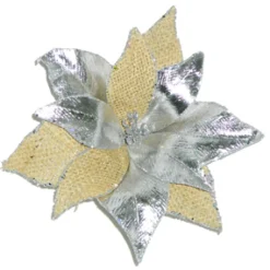 Best Christmas Forever POINSETTIA HEAD SILVER 8″NATURAL BURLAP/ METALIC W/CLIP