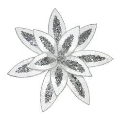 Best Christmas Forever POINSETTIA HEAD WHITE 13″ VELVET W/ SILVER GLTR. & CLIP