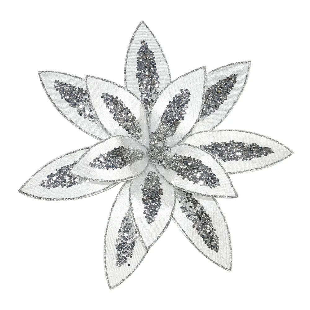 Best Christmas Forever POINSETTIA HEAD WHITE 13″ VELVET W/ SILVER GLTR. & CLIP