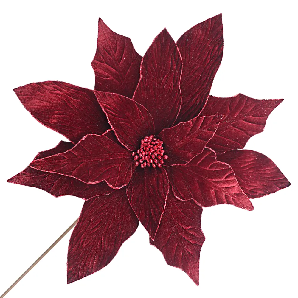 Sale Christmas Forever POINSETTIA STEM BURGUNDY 18″ HEAD VELVET W/ 24″ STEM