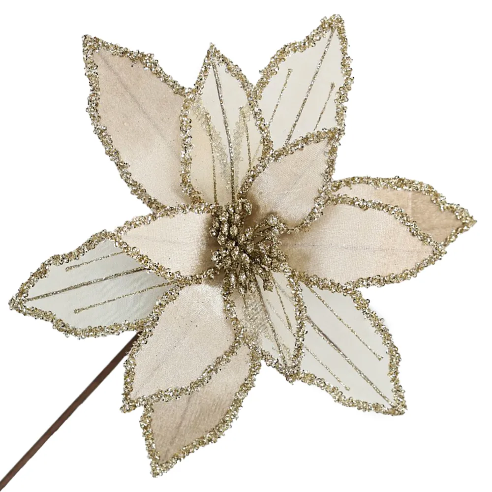 Sale Christmas Forever POINSETTIA STEM CHAMPAGNE 12″ HEAD VELVET SHEER W/ 20″ STEM