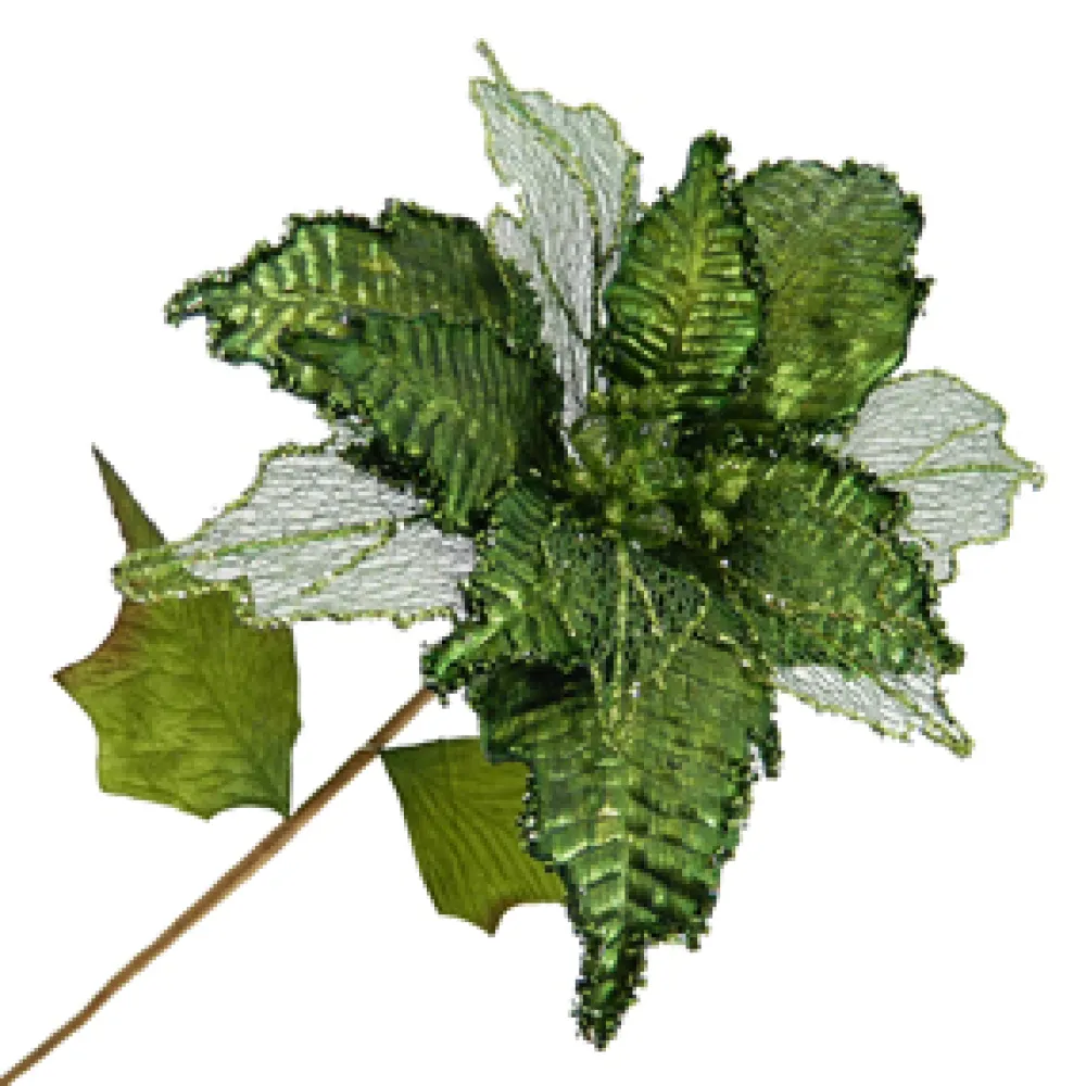 New Christmas Forever POINSETTIA STEM GREEN 11″ HEAD METALLIC W/GLITTER TRIM