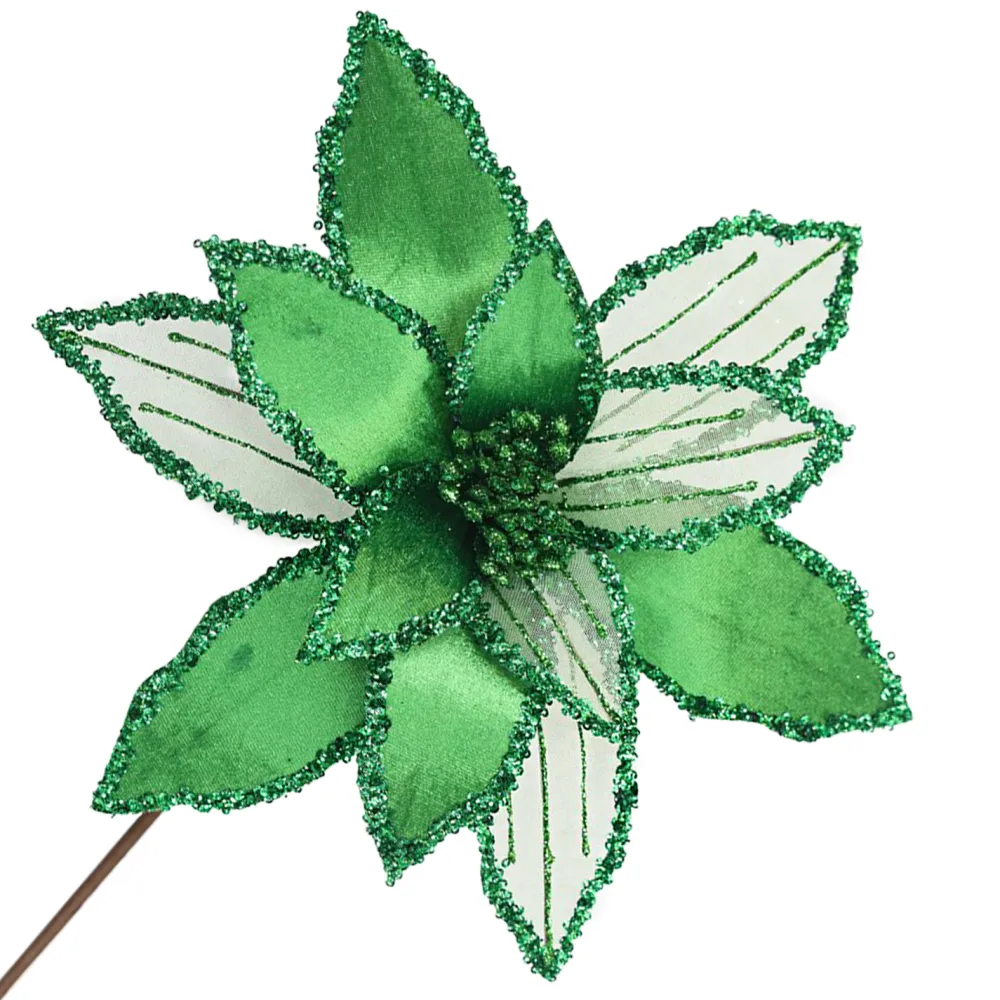Outlet Christmas Forever POINSETTIA STEM GREEN EMERALD 12″ HEAD VELVET SHEER W/ 20″ STEM