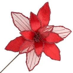 Clearance Christmas Forever POINSETTIA STEM RED 16″ HEAD VELVET SHEER W/ 20″ STEM