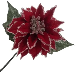 New Christmas Forever POINSETTIA STEM RED ICED 12″ DLC VELVET HEAD W/24″ STEM