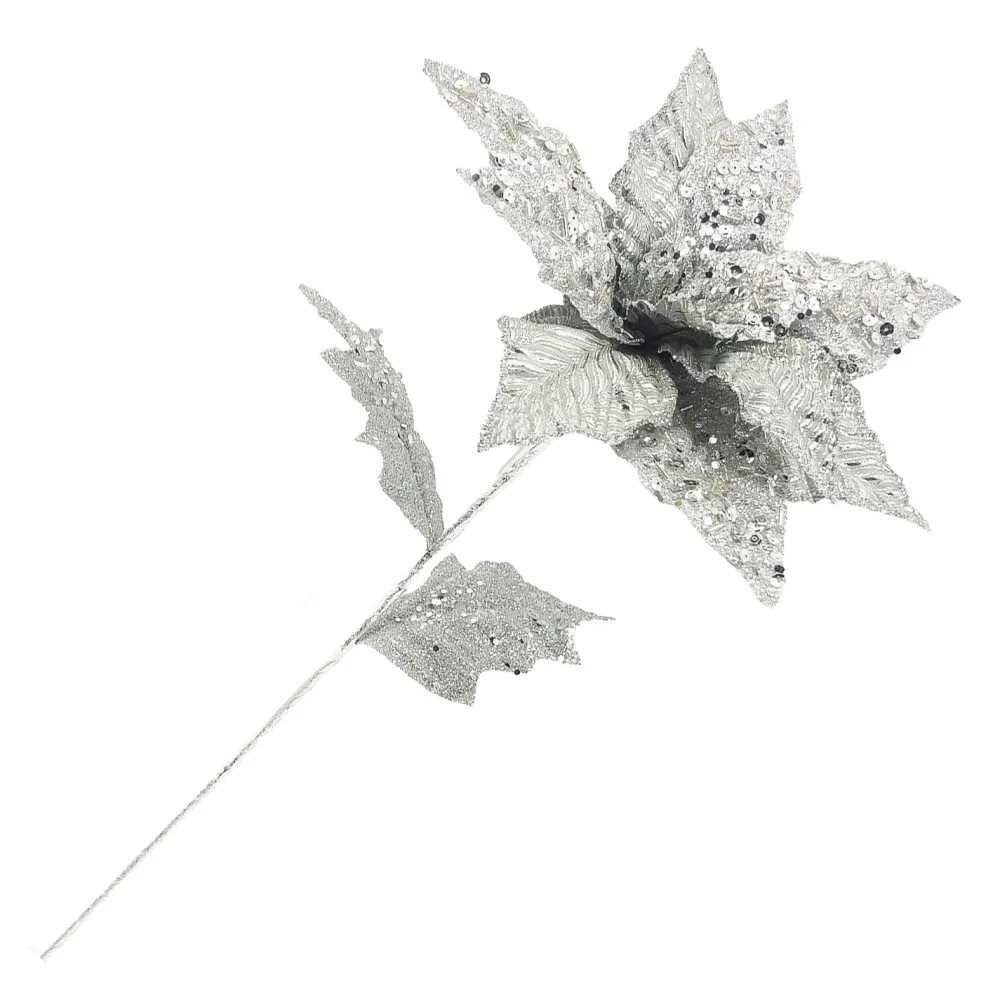 Outlet Christmas Forever POINSETTIA STEM SILVER 10.5″ VELVET HEAD W/GLITTER 24″ STEM