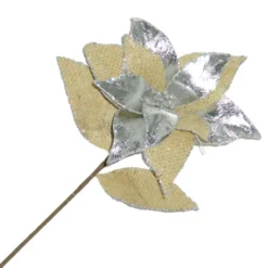 Clearance Christmas Forever POINSETTIA STEM SILVER /NATURAL 21″ BURLAP/ METALIC