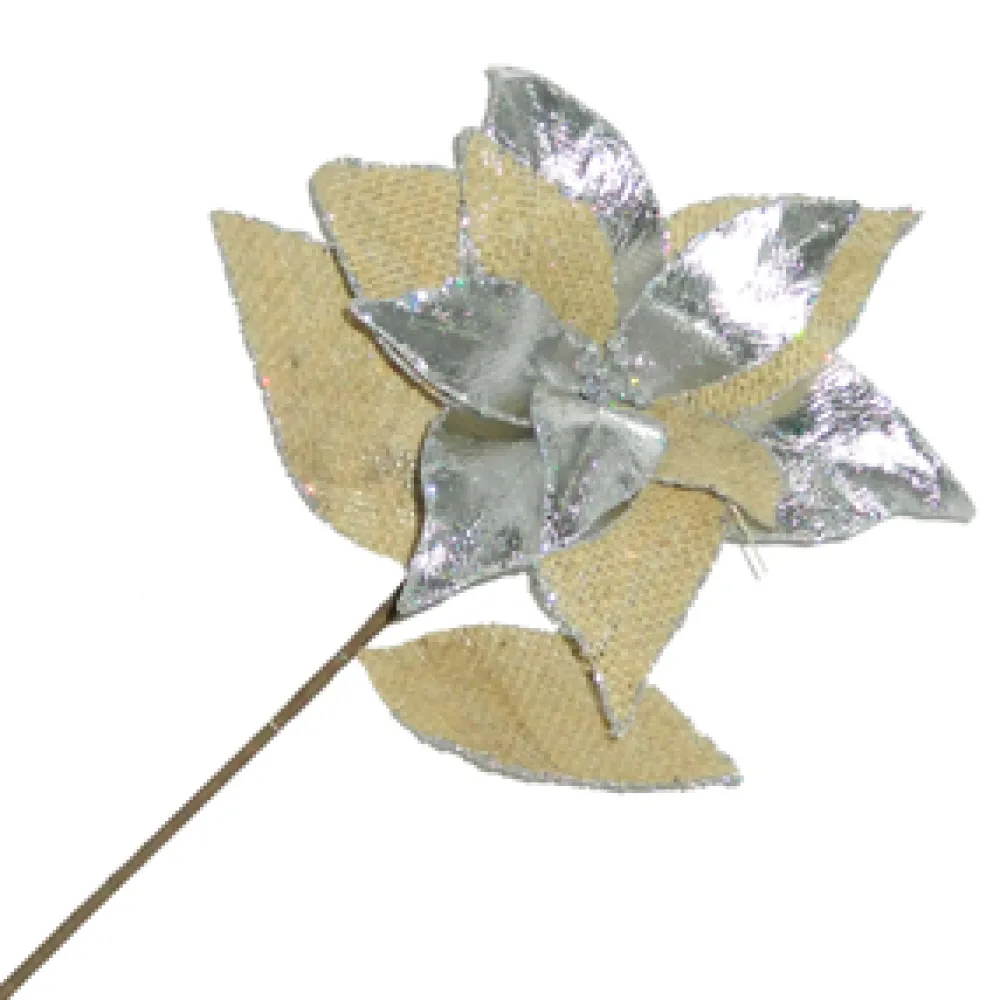 Clearance Christmas Forever POINSETTIA STEM SILVER /NATURAL 21″ BURLAP/ METALIC