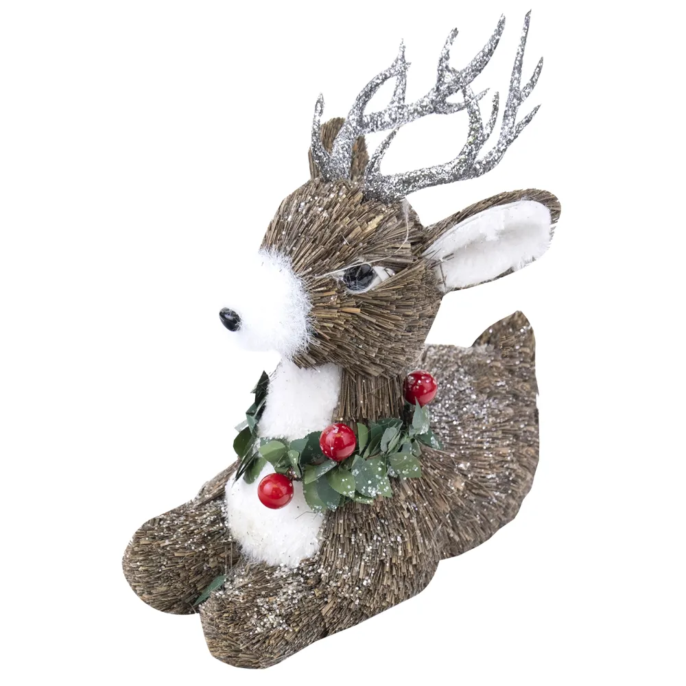 Hot Christmas Forever REINDEER BROWN GRASS LYING 9.5″ WHITE FAUX FUR W/ HOLLY BERRY COLAR