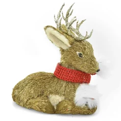 Outlet Christmas Forever REINDEER BROWN GRASS SITTING 9.5″ W/ CHAMP GLITTER & RED SCARF