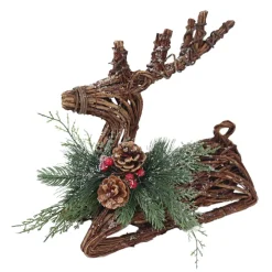 New Christmas Forever REINDEER NAT. RATTAN 13″X5″X13″ LAYING W/ MIXED FROSTED PINE/CONES/BERRIES
