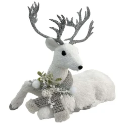 Outlet Christmas Forever REINDEER SITTING FAUX GRASS WHITE 15.5″x13.5″ W/ SCARF, FROSTED PINE & BERRIES
