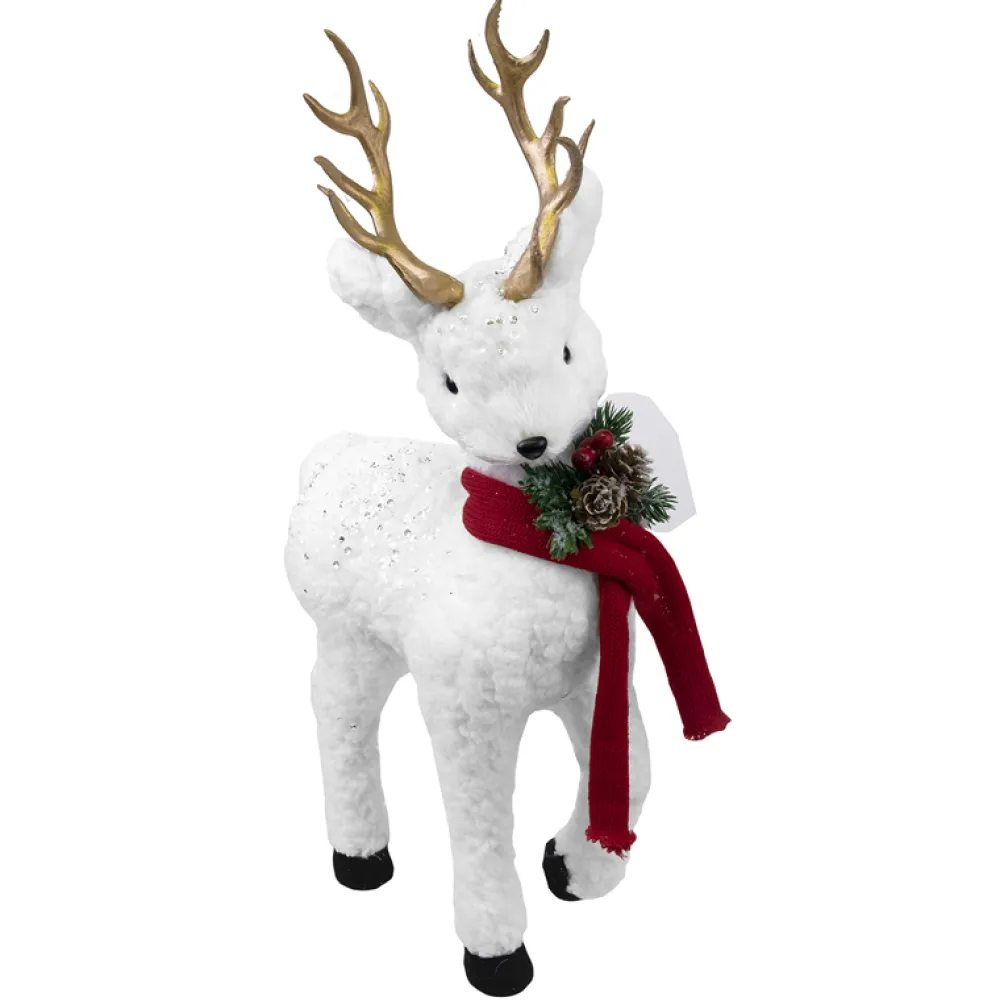 Hot Christmas Forever REINDEER STANDING 20.5″ WHT FUR W/ CLR SEQUINS & GLD HORNS
