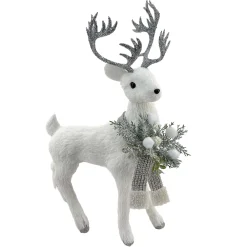 Christmas Forever REINDEER STANDING FAUX GRASS WHITE 15″x19.5″ W/ SCARF, FROSTED PINE & BERRIES