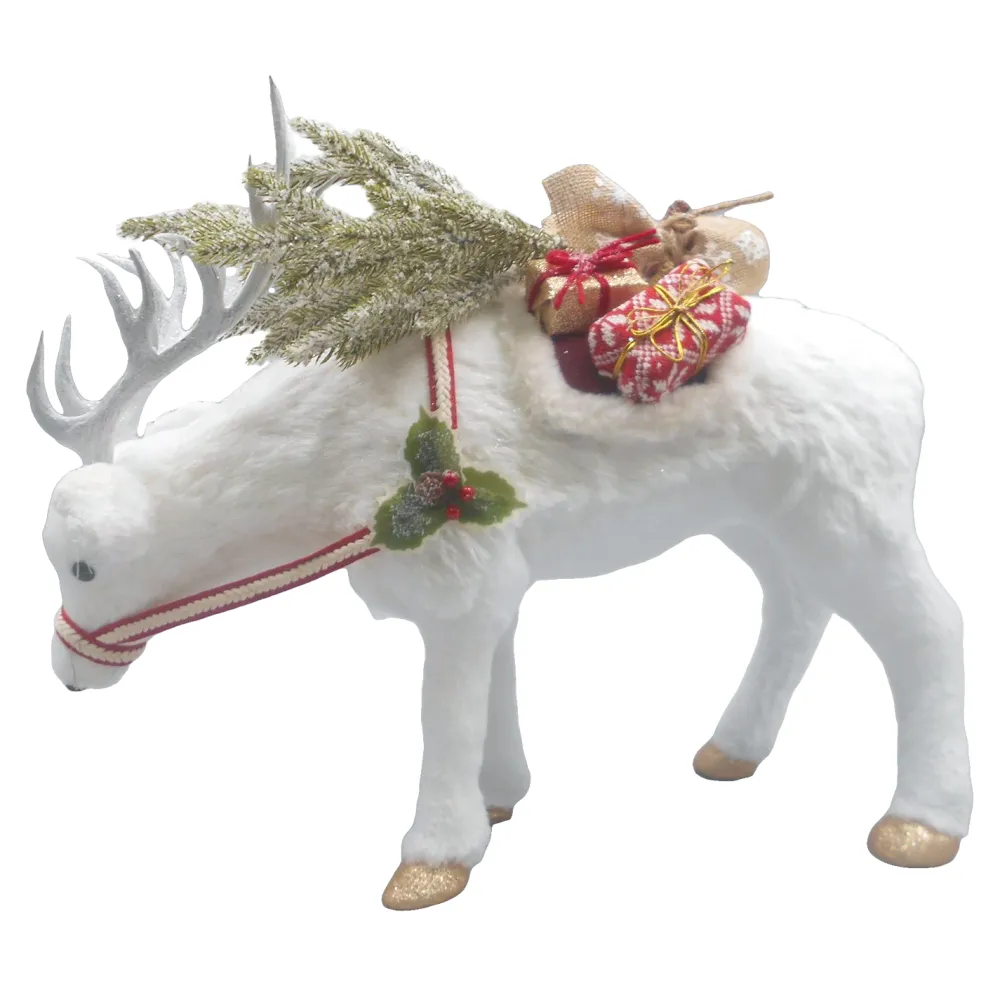 Hot Christmas Forever REINDEER STANDING 21.5″x17.5″ WHITE W/ GIFTS AND SNOWED PINE