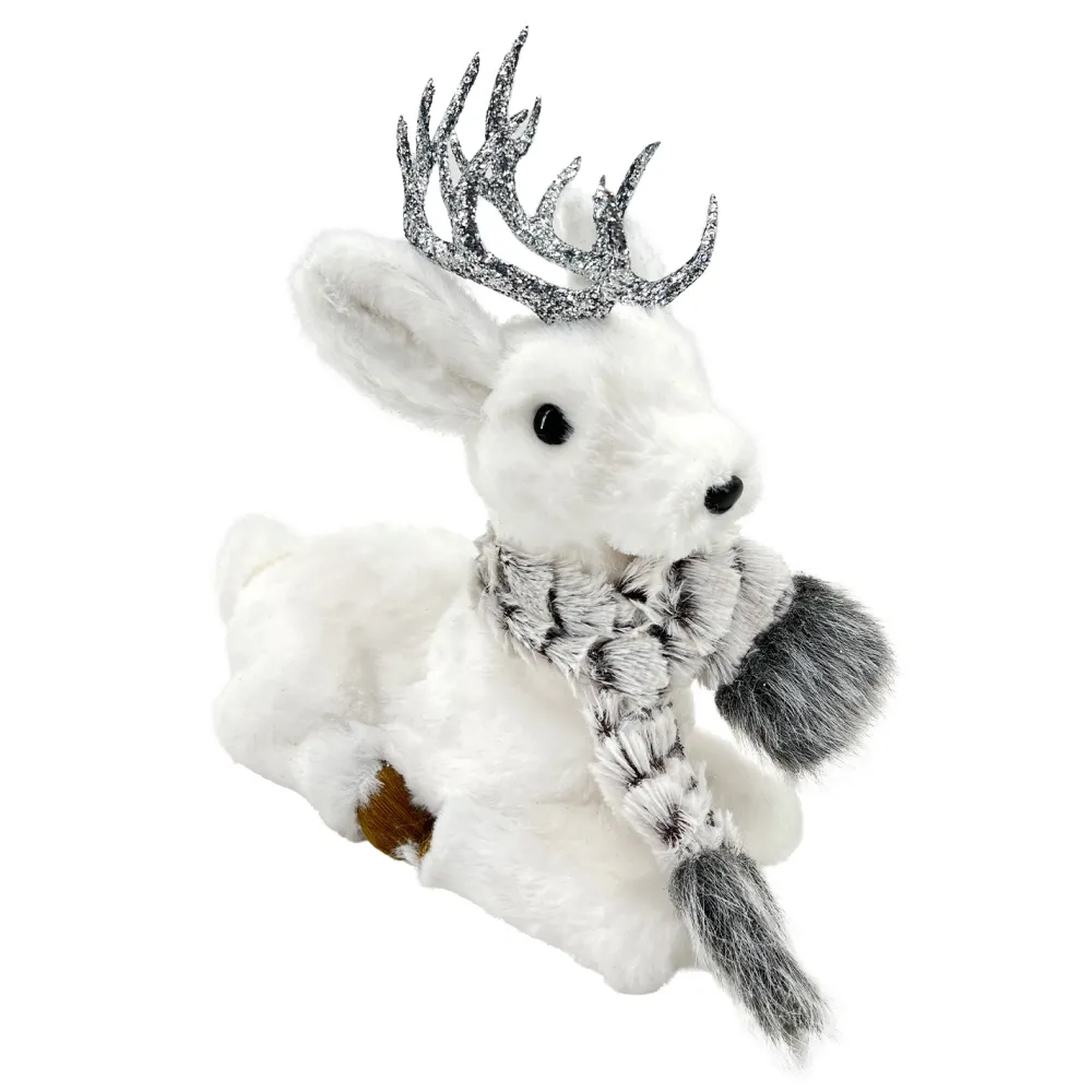 Best Christmas Forever REINDEER WHITE SITTING 9.5″ FUR W/ GRAY SCARF